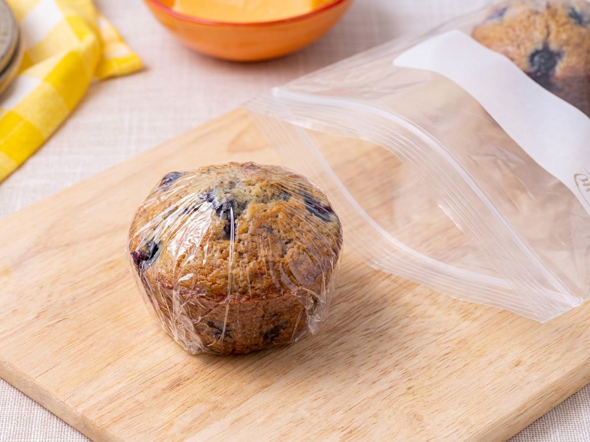 A cooled muffin wrapped tightly in plastic wrap on a clean kitchen counter, with a freezer bag open nearby
