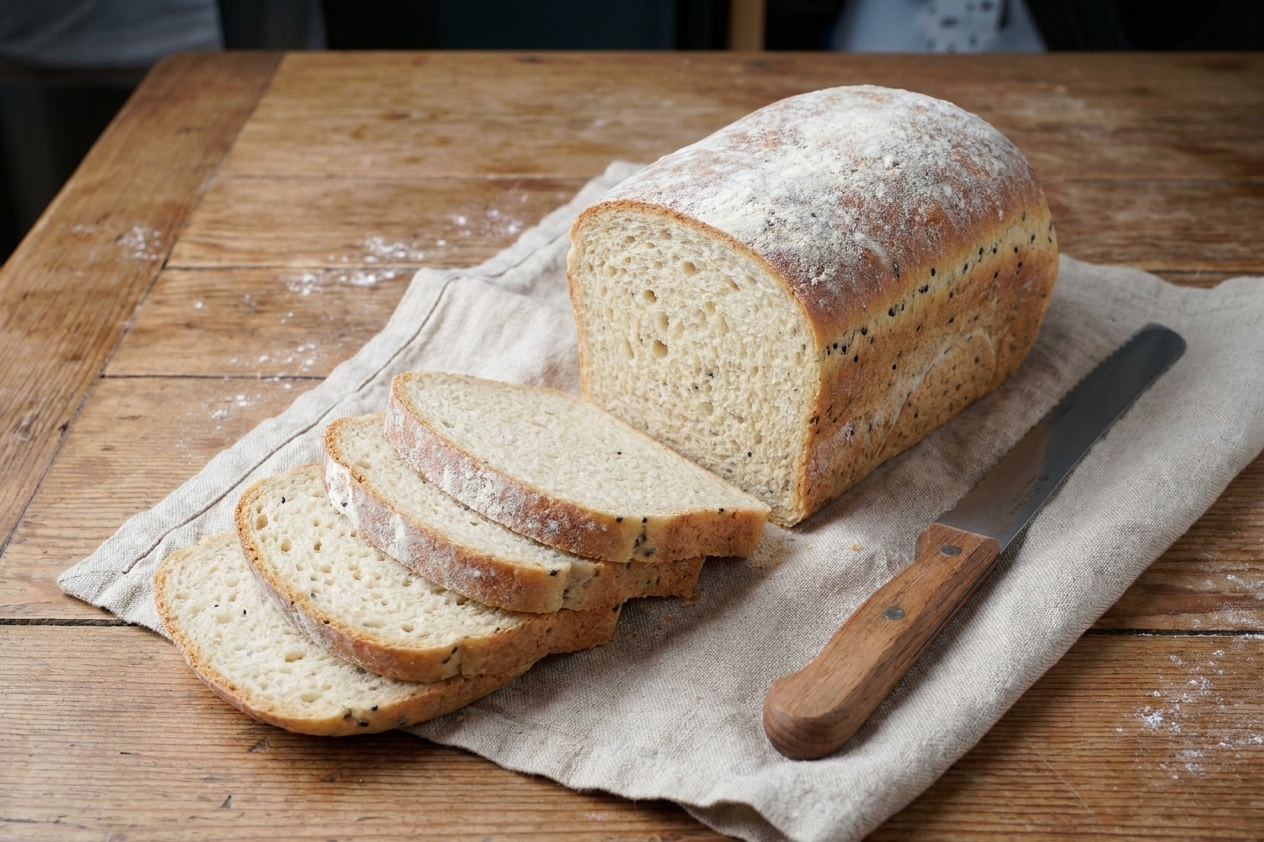 A cooled sourdough sandwich loaf on a linen cloth on a dining table with a bread knife nearby