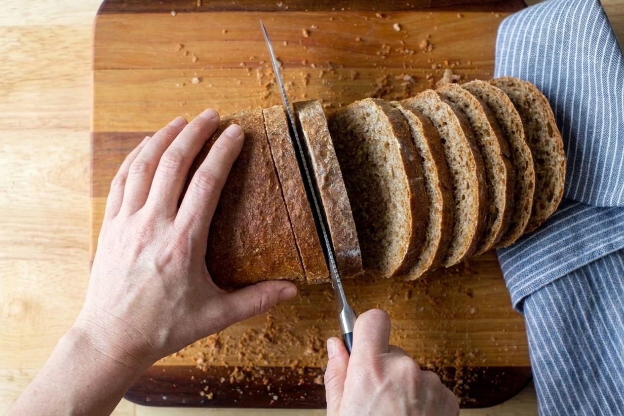 A cooled wheat bread loaf being sliced with a serrated knife on a cutting board