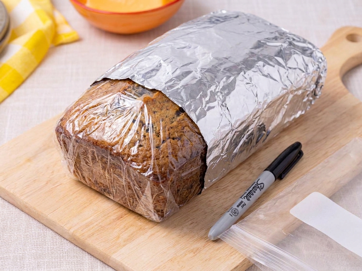 A cooled zucchini bread loaf tightly wrapped in plastic wrap and a layer of aluminum foil, sitting on a cutting board next to a marker and freezer bag