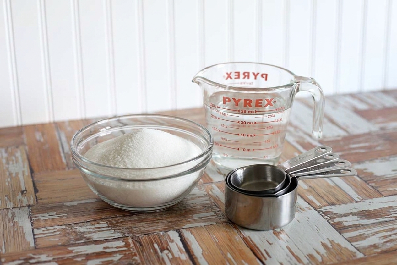A countertop scene with a bowl of granulated white sugar, a measuring cup of water, and clean measuring cups arranged neatly