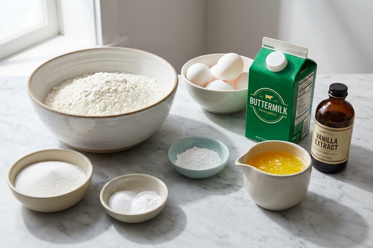 A countertop setup with a bowl of flour, a small bowl of sugar and salt, baking powder and baking soda, a carton of buttermilk, eggs, melted butter, and vanilla ready for pancake batter