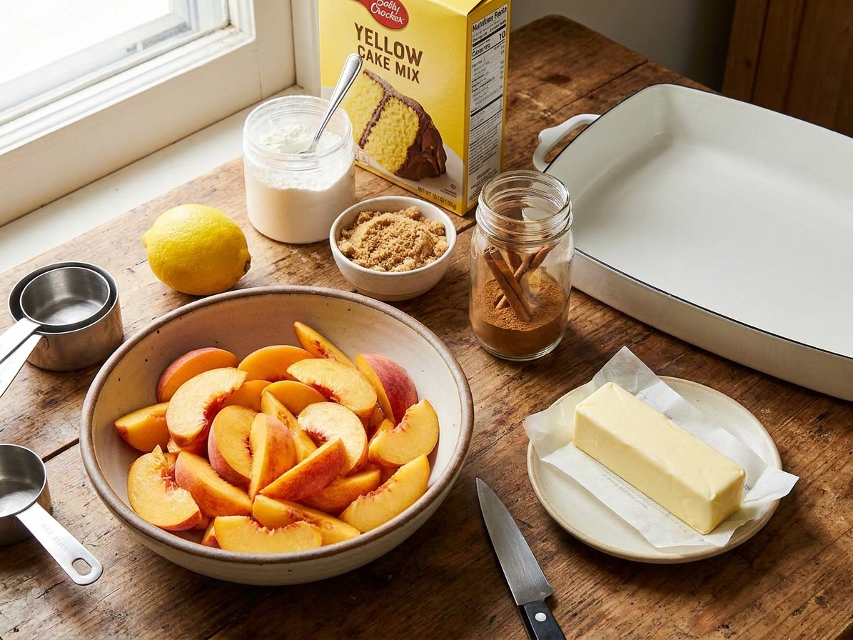 A countertop setup with sliced peaches, a lemon, brown sugar, cinnamon, cornstarch, a box of yellow cake mix, and a stick of butter ready for baking