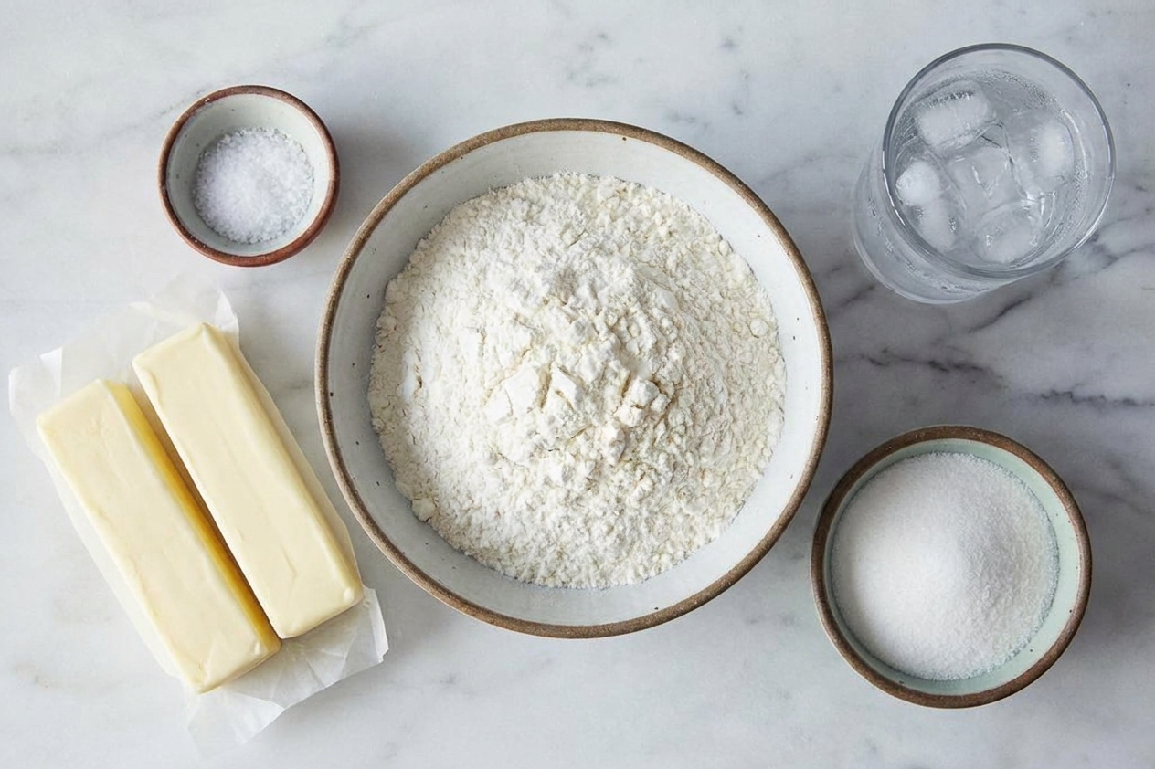 A countertop with a bowl of flour, sticks of cold butter, a small bowl of salt and sugar, and a glass of ice water ready for pie crust