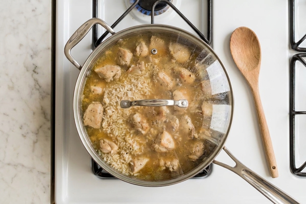 A covered skillet on a stovetop as chicken and rice simmer, with light steam collecting under the lid.