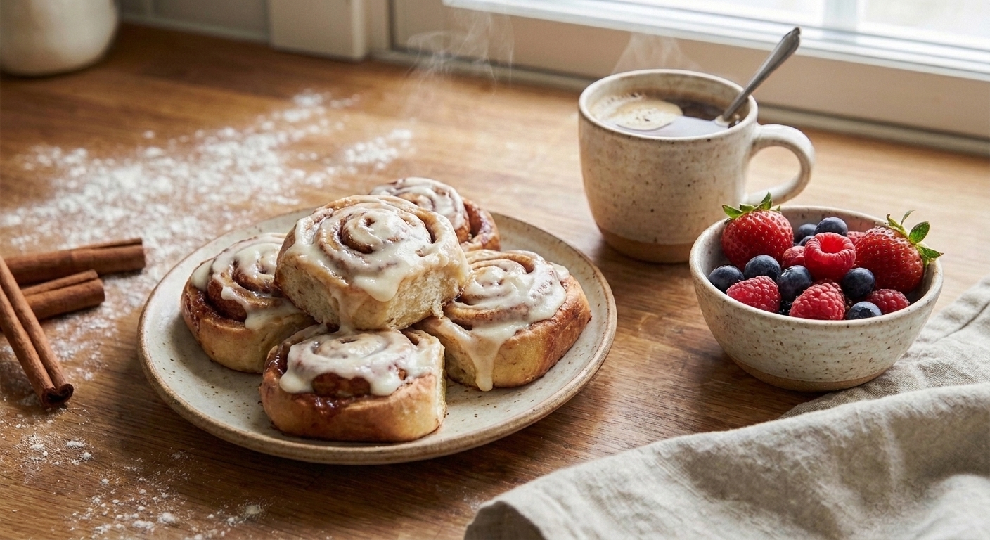 A cozy breakfast table setting with a plate of iced cinnamon rolls, a mug of coffee, and a small bowl of berries