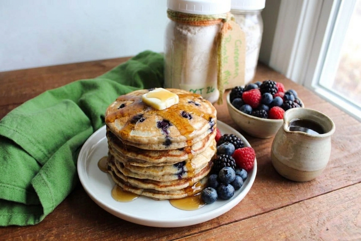 A cozy breakfast table with a stack of pancakes, a small pitcher of maple syrup, butter, and a bowl of berries in natural morning light