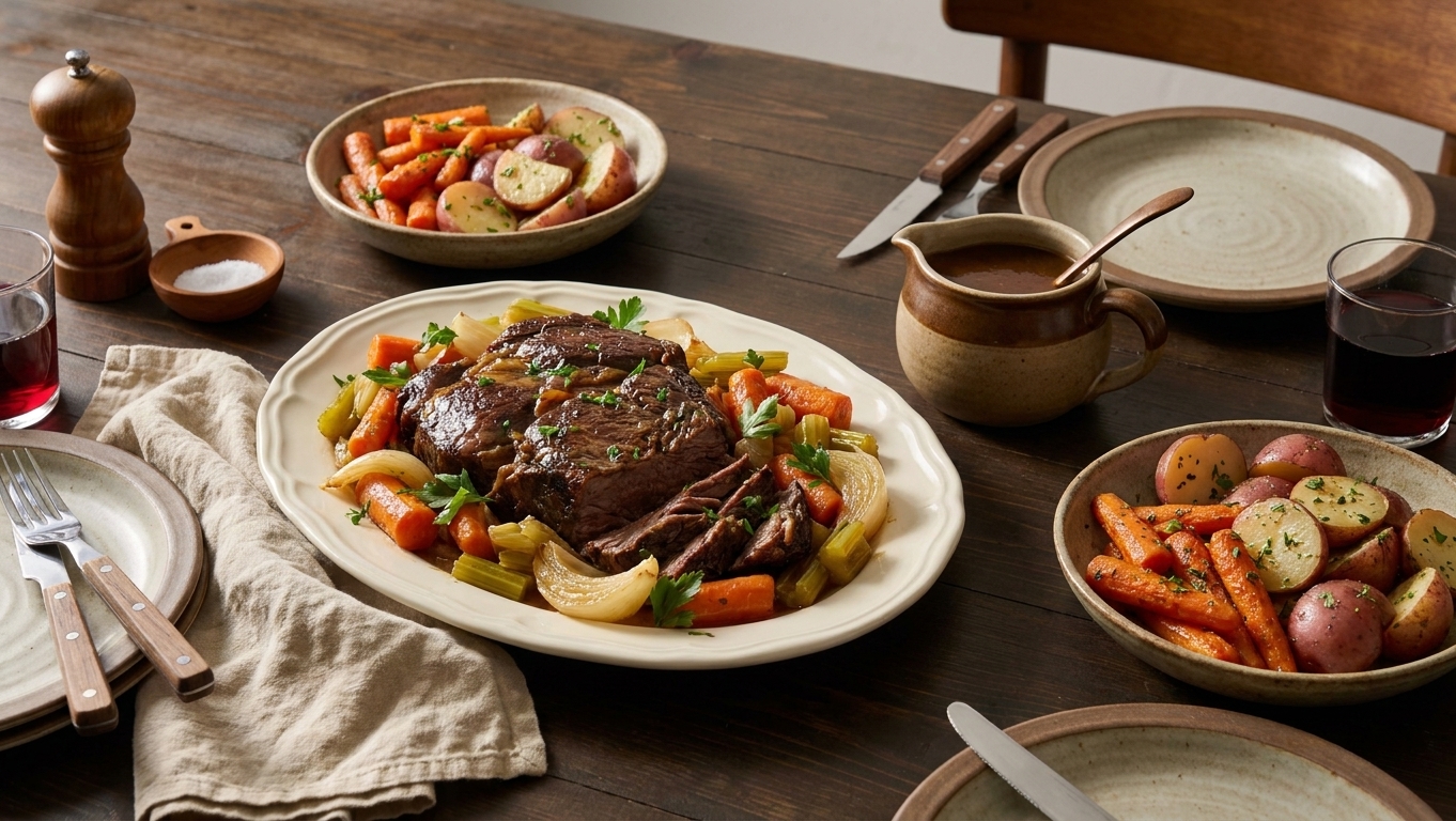 A cozy dinner table set with a platter of pot roast, a small gravy pitcher, and simple bowls of carrots and potatoes ready to serve