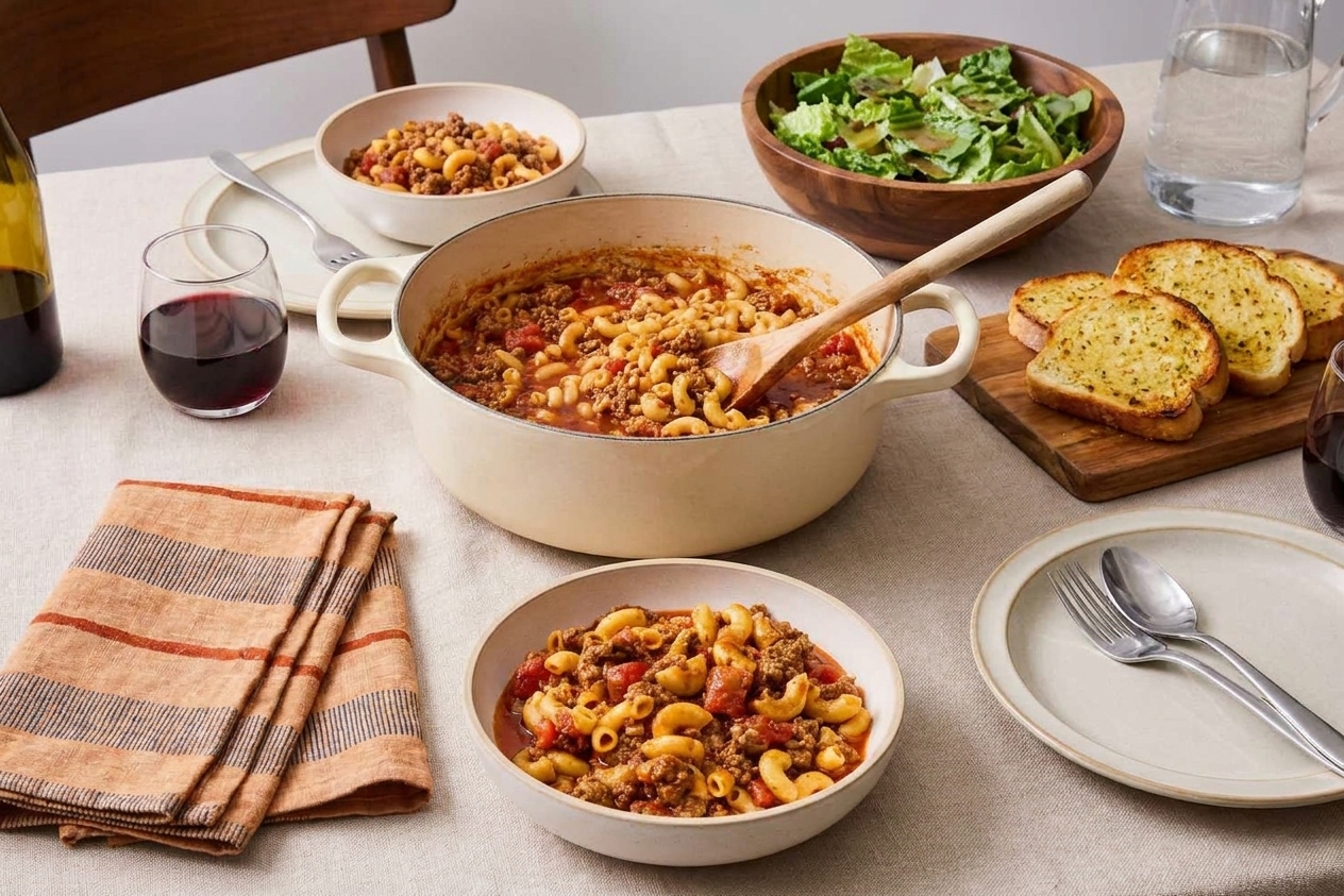 A cozy dinner table set with a pot of American goulash, bowls, a simple green salad, and slices of garlic bread ready to serve