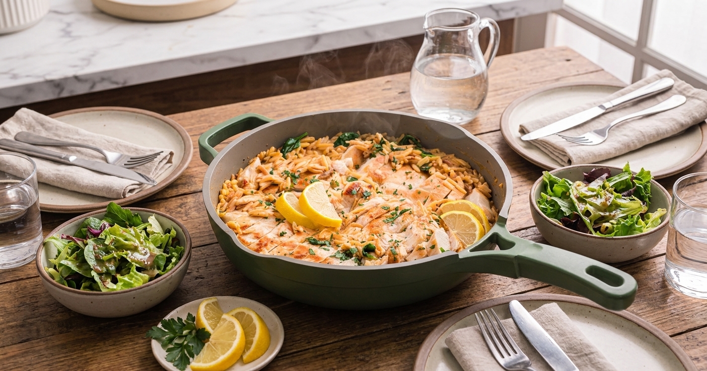 A cozy dinner table set with a skillet of citrus-kissed chicken and creamy orzo, small bowls of salad, and lemon wedges