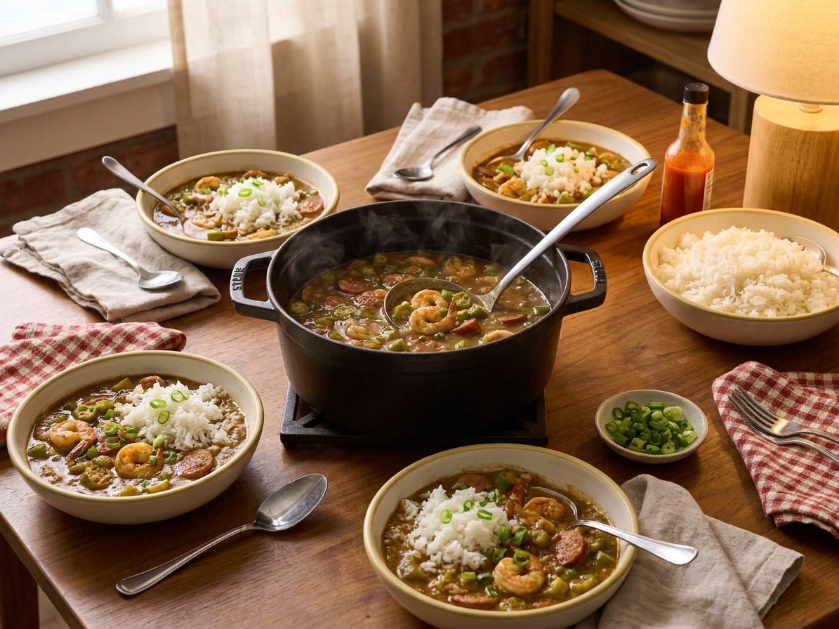 A cozy dinner table set with bowls of shrimp gumbo, a pot in the center, a bowl of rice, hot sauce, and scattered napkins under warm evening light