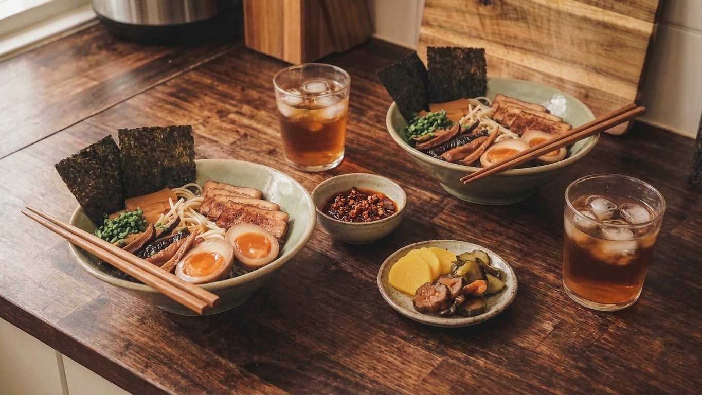 A cozy dinner table set with two bowls of ramen, chopsticks, small dishes of chili crisp and pickles, and iced tea in simple glasses