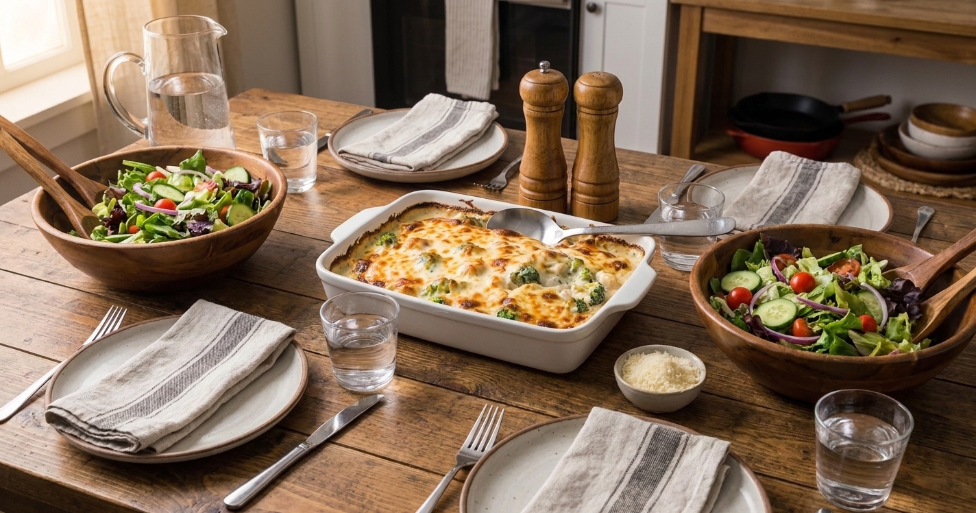 A cozy dinner table setting with a casserole dish of chicken Alfredo bake, salad bowls, and serving spoons ready for a family-style meal