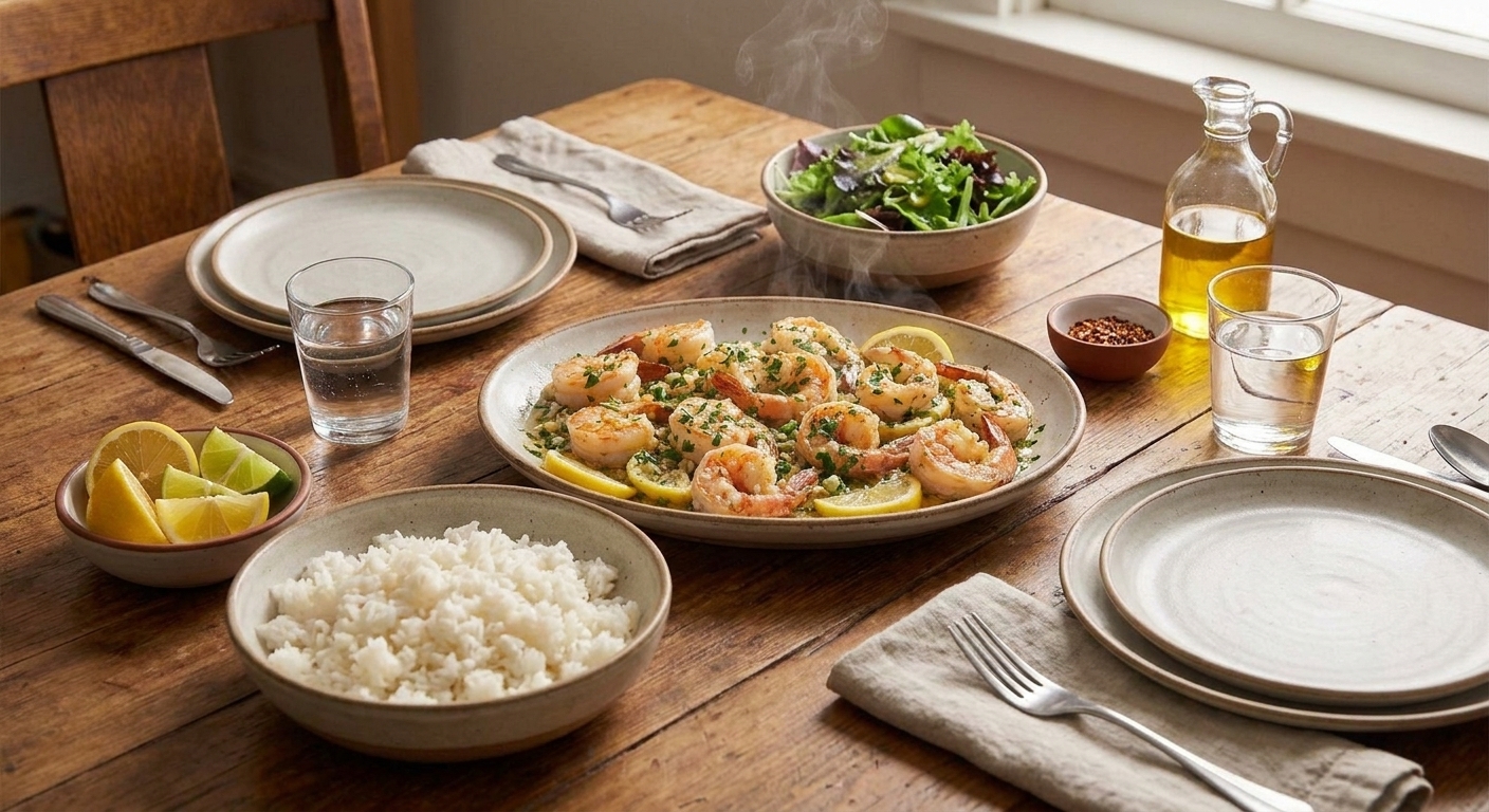 A cozy dinner table setting with a platter of zesty shrimp, a bowl of rice, citrus wedges, and simple greens