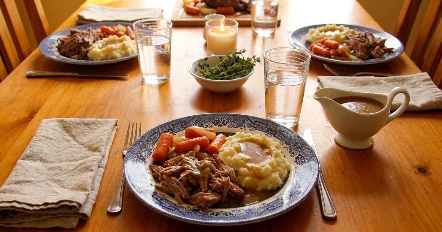 A cozy dinner table setting with plates of pork roast, mashed potatoes, carrots, and gravy, with water glasses and linen napkins