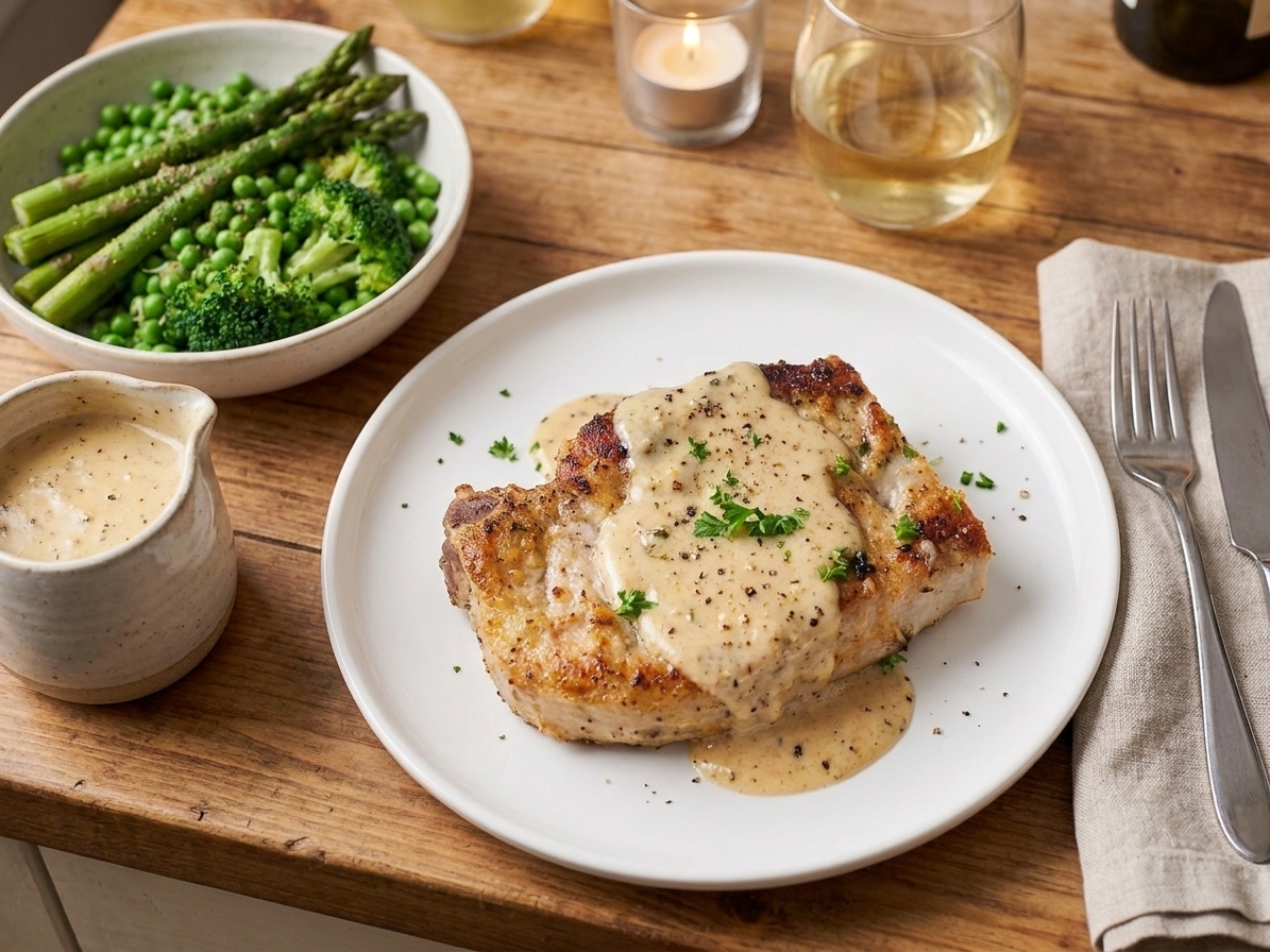 A cozy dinner table setting with pork chops, a bowl of green vegetables, and a small pitcher of creamy sauce