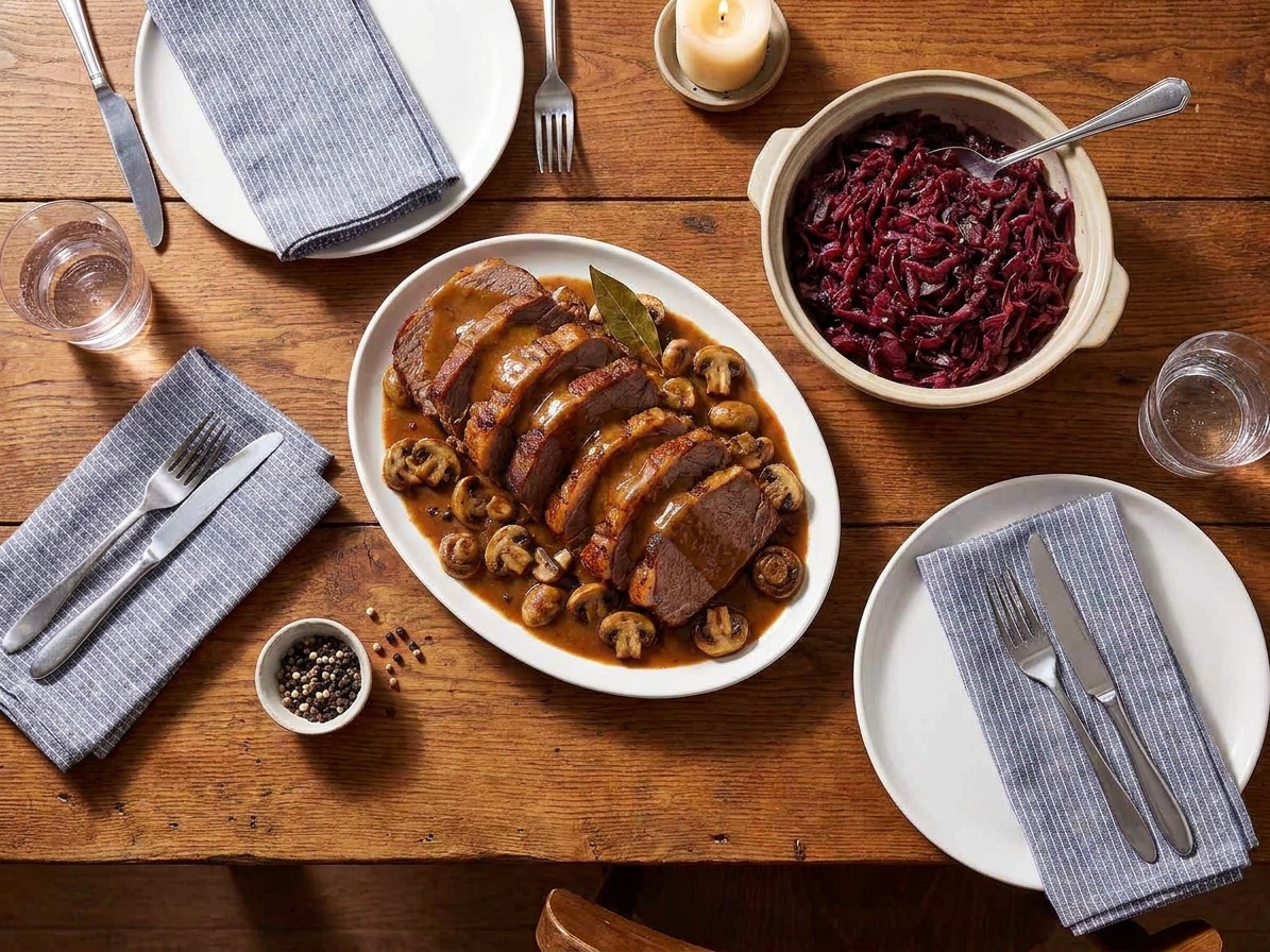 A cozy dinner table with a platter of sauerbraten, a bowl of red cabbage, and plates set with linen napkins