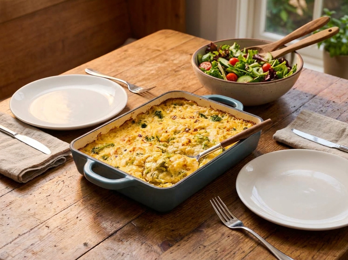 A cozy dinner table with the chicken and rice casserole in the center, salad bowl nearby, and simple plates and cutlery set for two