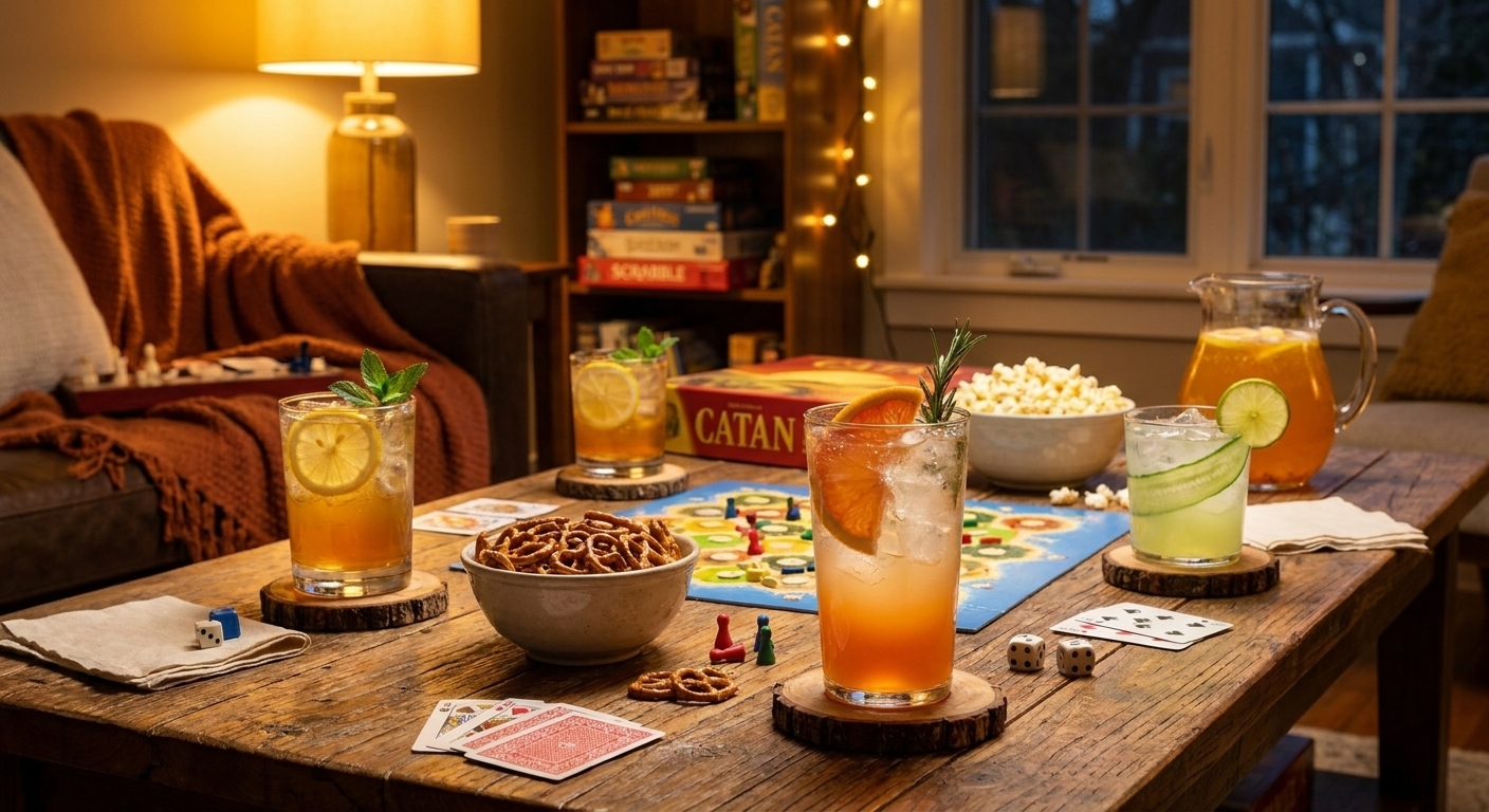 A cozy game-night table setting with glasses of citrus mocktails on coasters, bowls of salty snacks, and warm indoor lighting