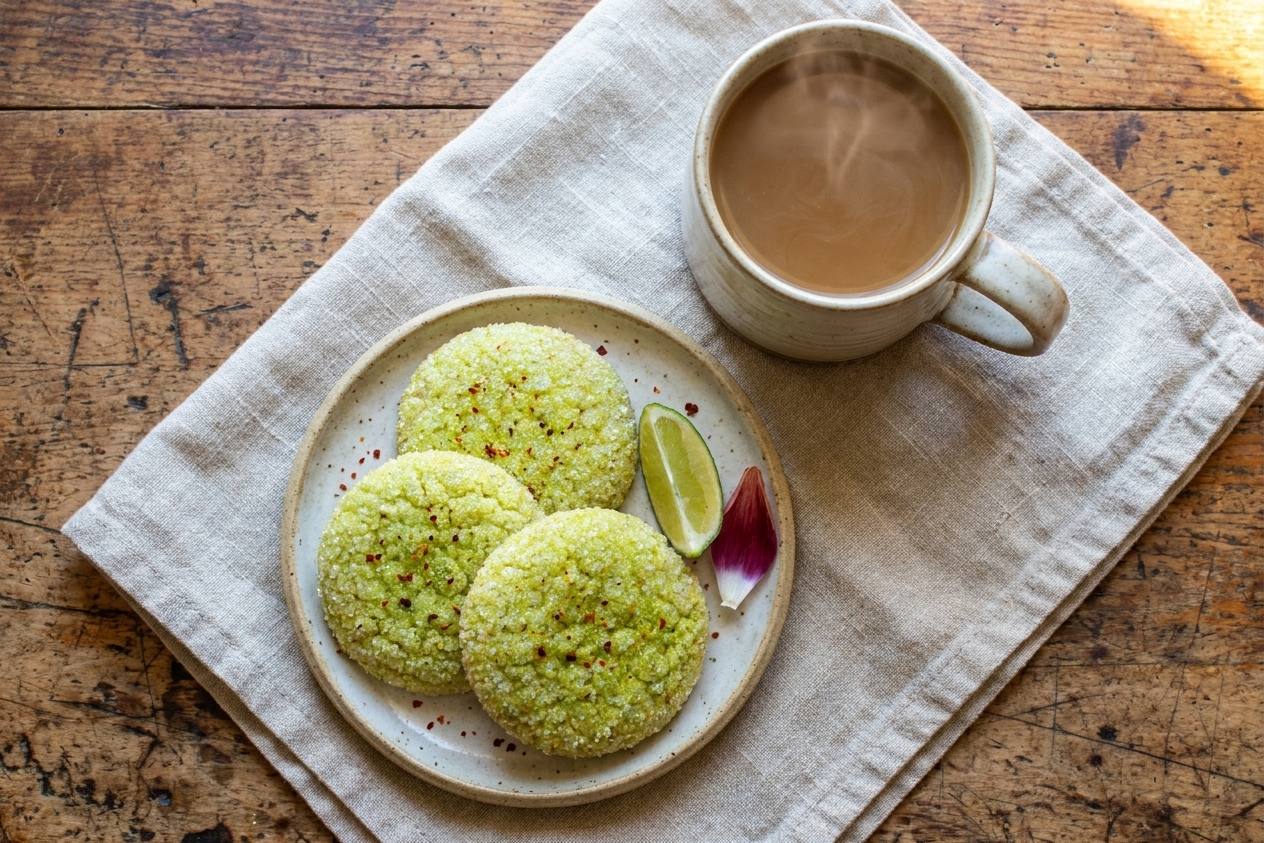 A cozy table setting with a mug of coffee and a small plate of sweet and spicy sugar cookies on a linen napkin
