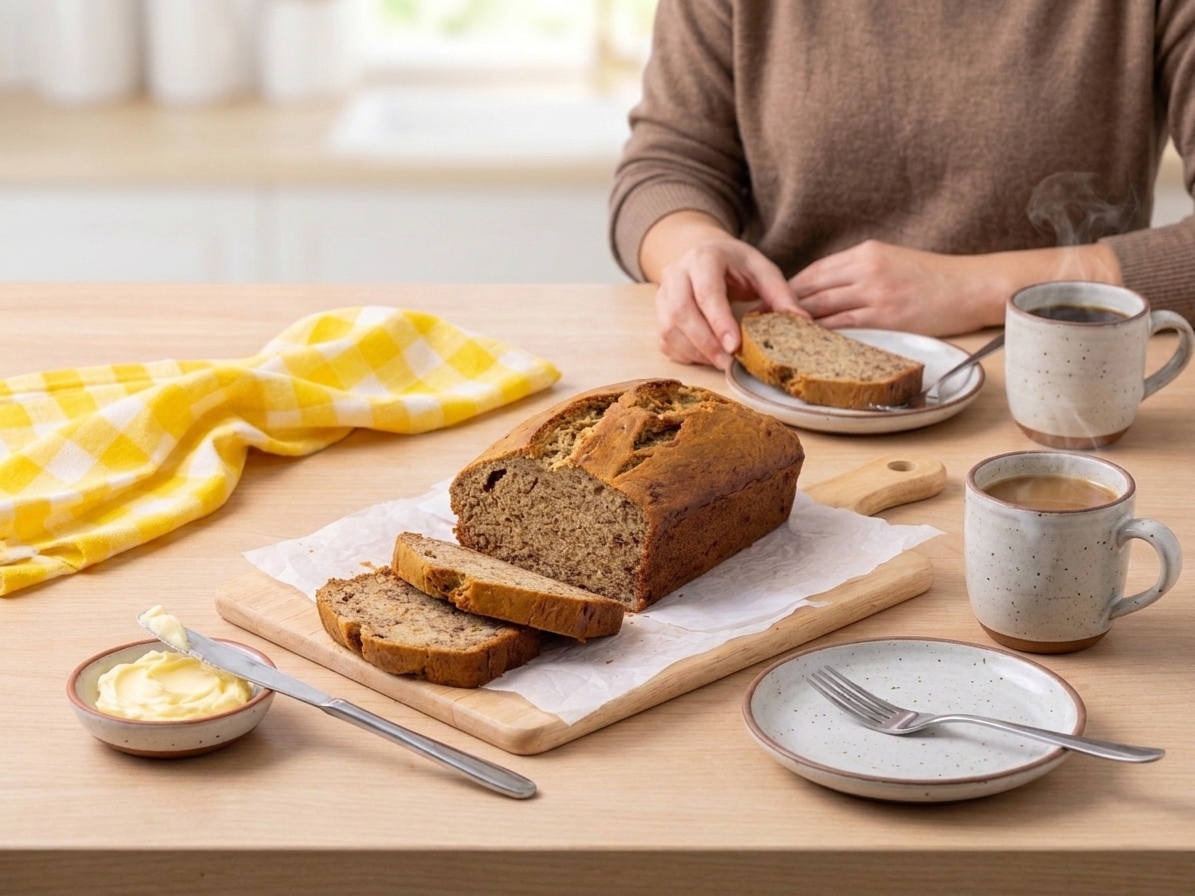 A cozy table setting with a sliced banana bread loaf on a cutting board, small plates, butter dish, and two mugs of coffee