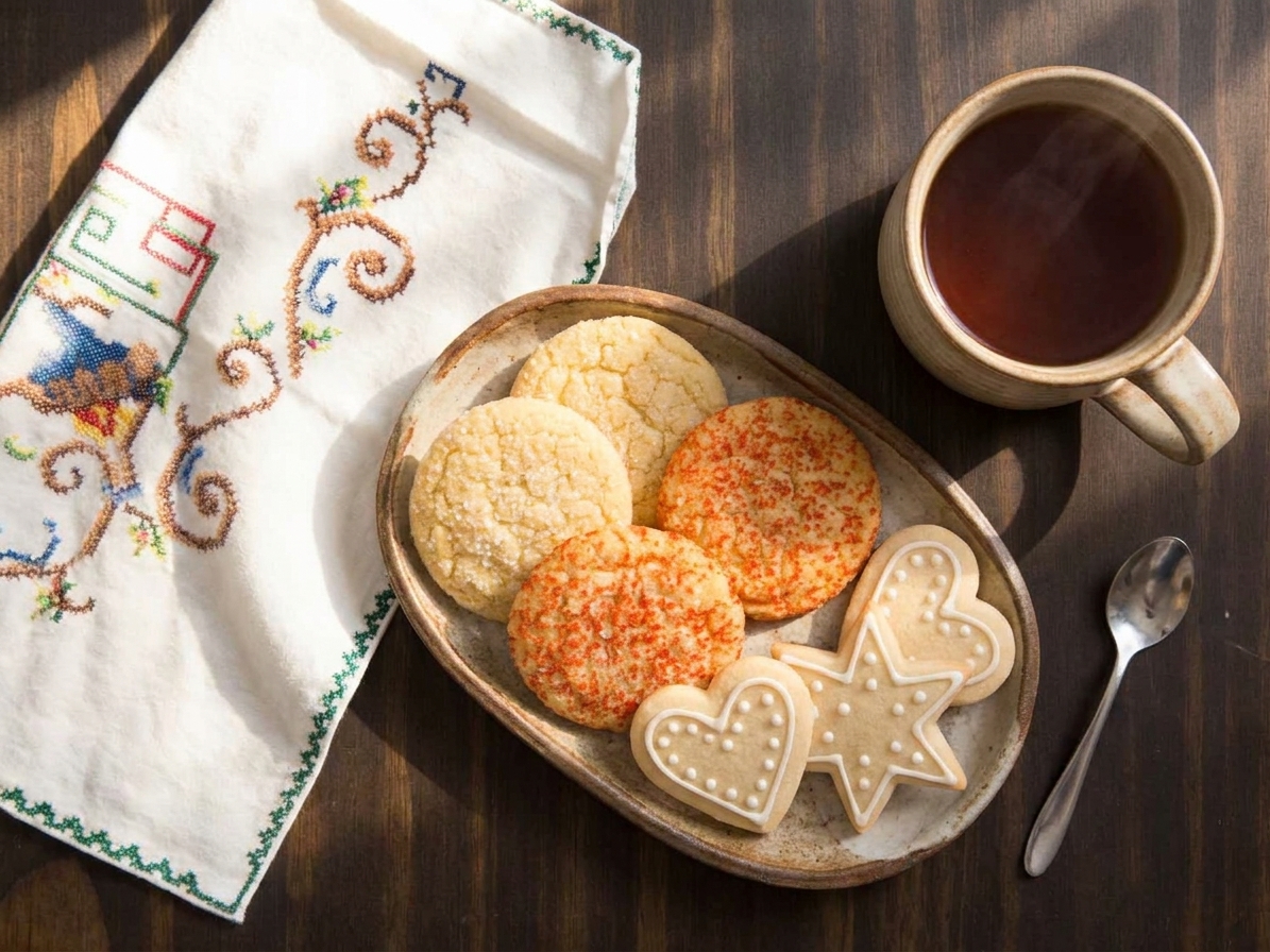 A cozy table setting with a small platter of sugar cookies, a mug of tea, and a simple cloth napkin in warm window light