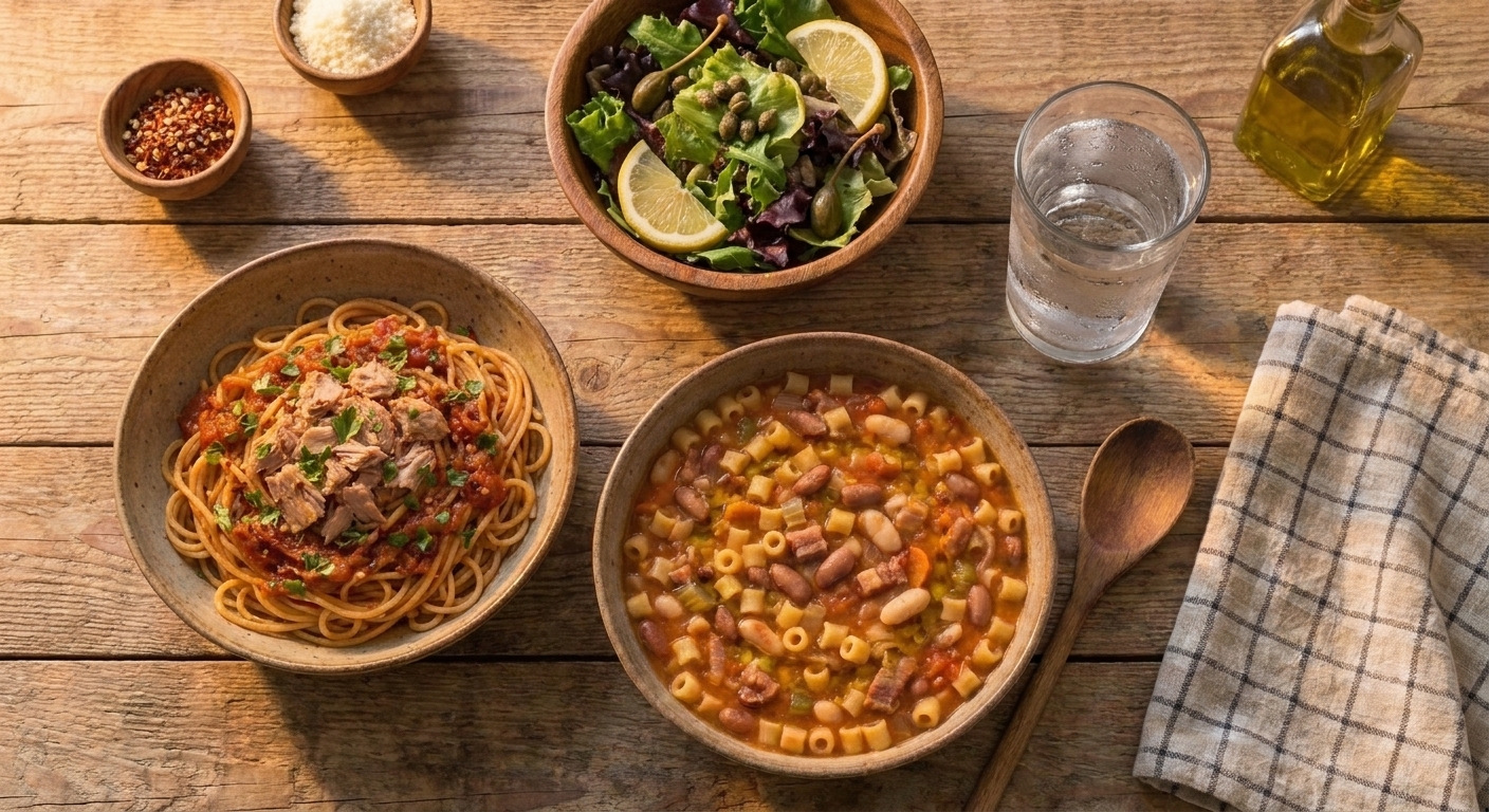 A cozy weeknight table setting with two bowls of pasta, a small salad bowl, and a glass of water in warm evening light