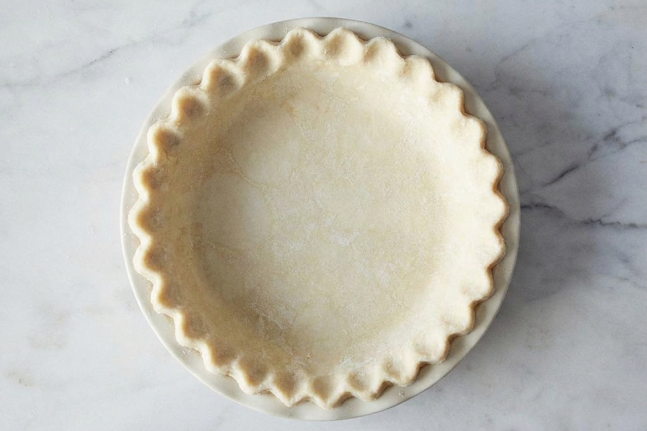 A crimped unbaked all-butter pie crust in a ceramic pie dish resting on a kitchen counter before baking