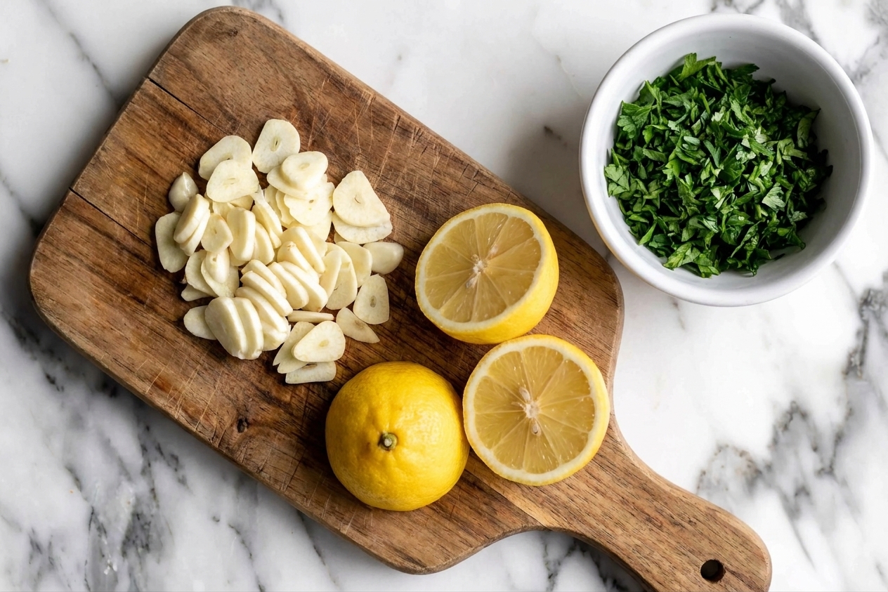A cutting board with a pile of thinly sliced garlic cloves next to a lemon and a small bowl of chopped parsley, ready for shrimp scampi