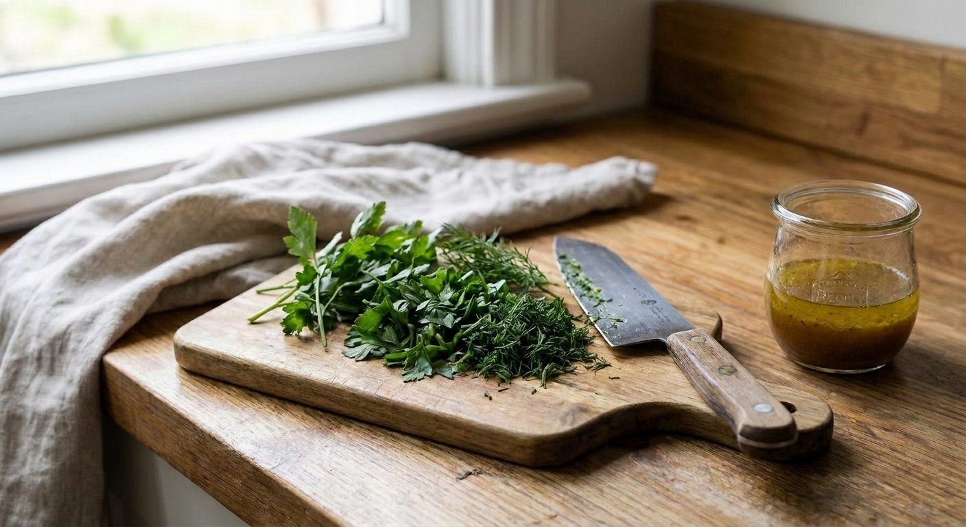 A cutting board with chopped fresh parsley and dill next to a small bowl of vinaigrette and a chef's knife
