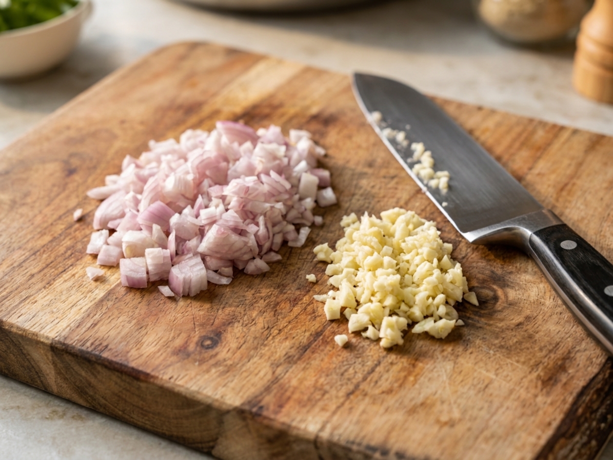 A cutting board with finely chopped shallot and minced garlic beside a chef's knife