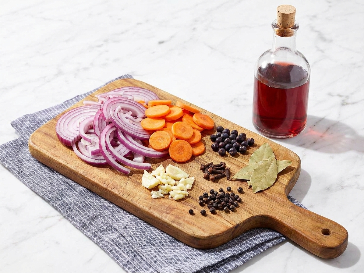 A cutting board with sliced onions, carrots, garlic, juniper berries, bay leaves, whole cloves, peppercorns, and a bottle of red wine vinegar