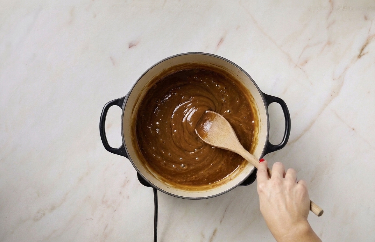 A dark brown roux in a Dutch oven being stirred with a wooden spoon, caramel colored and glossy