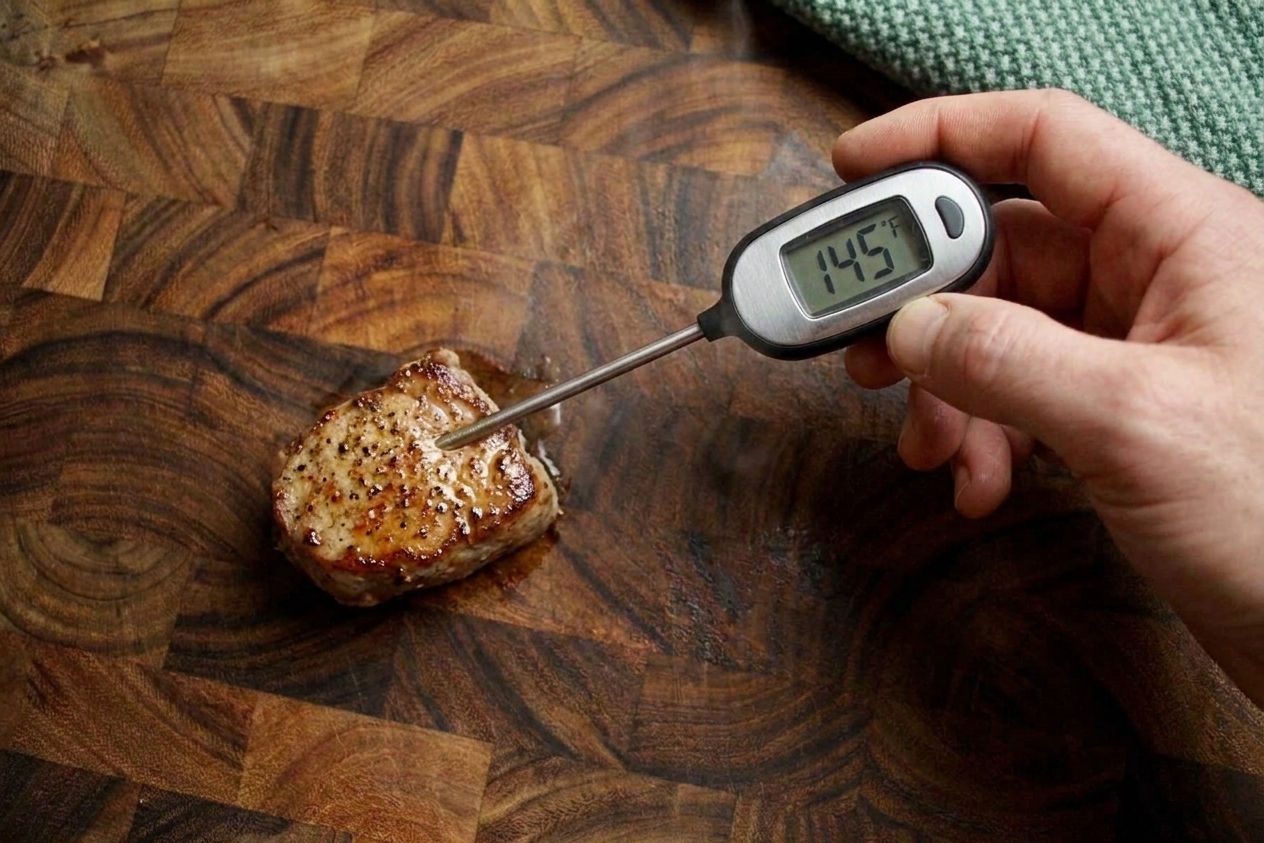 A digital instant-read thermometer inserted into the thickest part of a pork tenderloin to check doneness