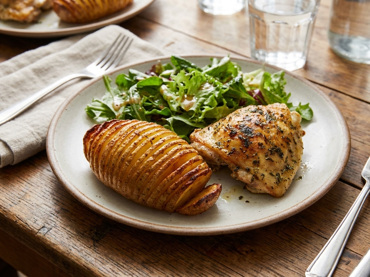 A dinner plate with a hasselback potato served next to roasted chicken and a green salad on a wooden table