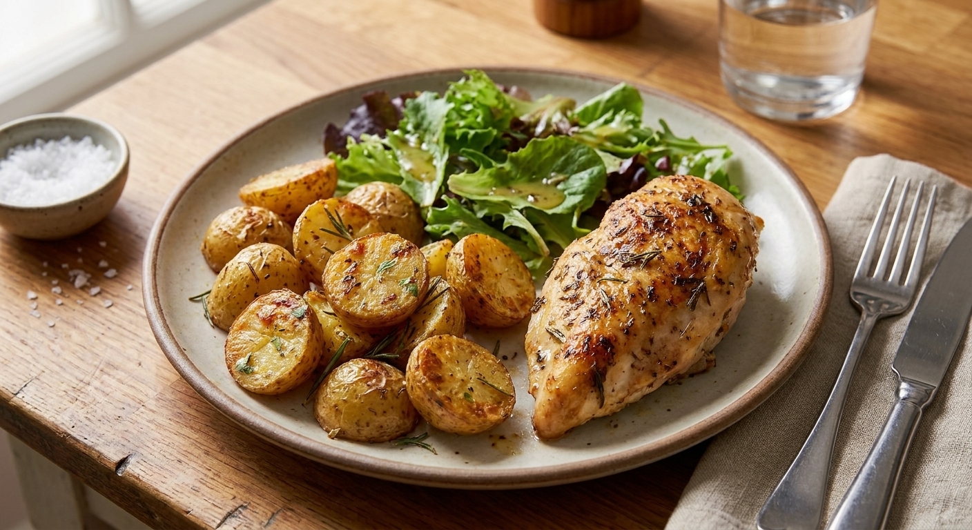 A dinner plate with crispy roasted potatoes alongside roasted chicken and a simple green salad on a warmly lit table setting