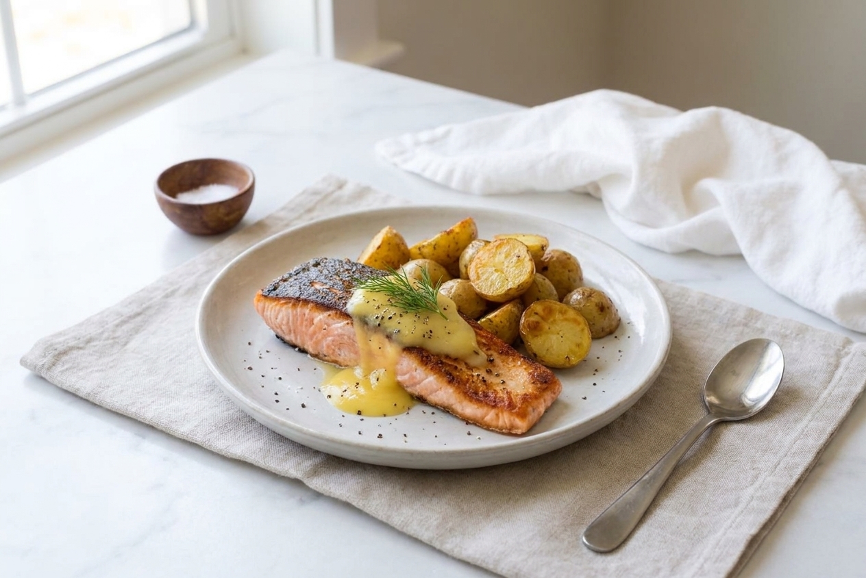A dinner plate with seared salmon, roasted potatoes, and a spoonful of savory lemon curd melting slightly on top, set on a simple linen table setting
