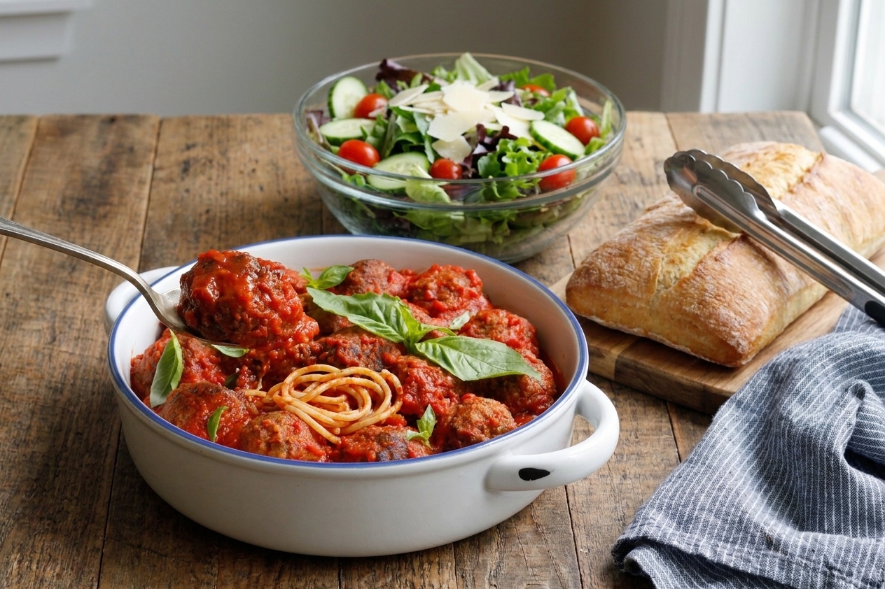 A dinner table set with a bowl of spaghetti and meatballs, a green salad, and a loaf of bread with serving tongs
