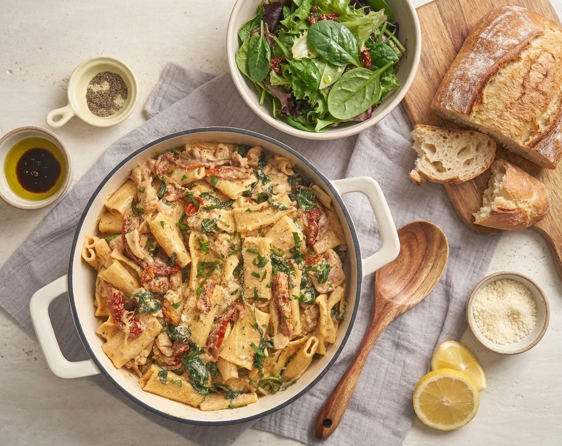 A dinner table set with a large bowl of Tuscan chicken pasta, a simple green salad, and crusty bread on the side