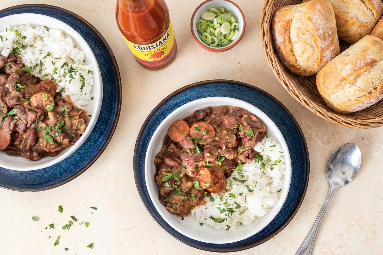 A dinner table set with bowls of red beans and rice, a bottle of hot sauce, sliced scallions, and a basket of bread