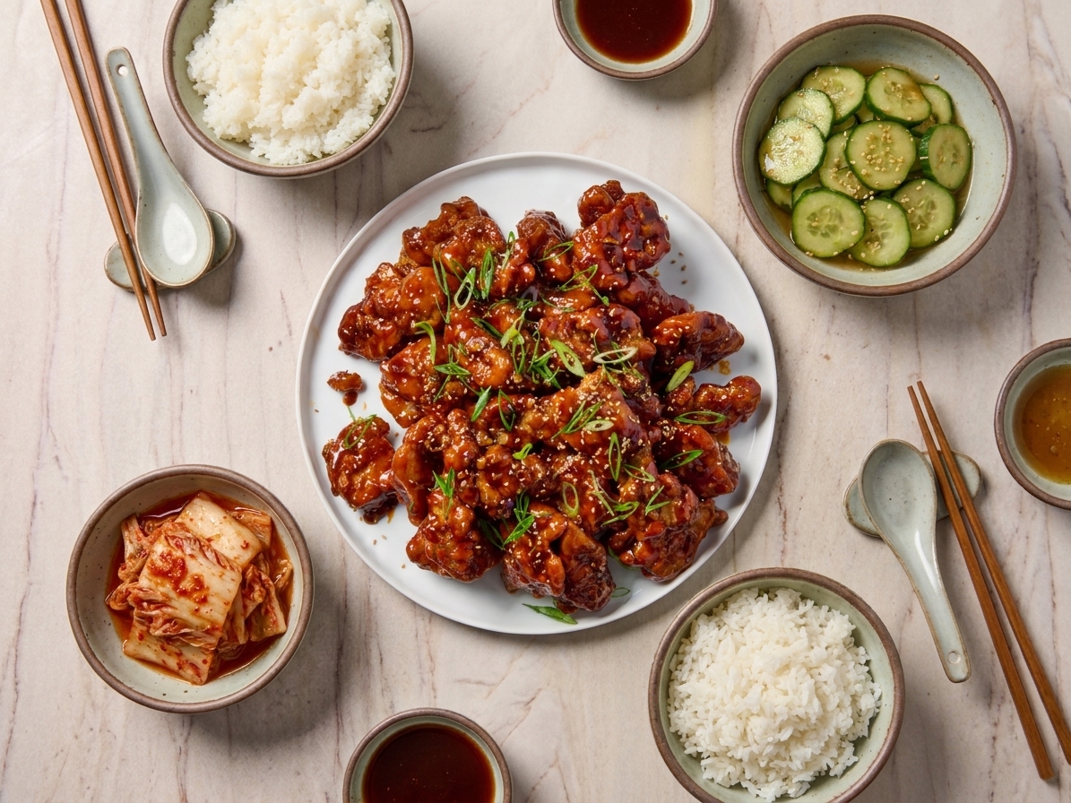 A dinner table set with bowls of steamed rice, kimchi, cucumber salad, and a platter of Korean BBQ chicken in the center