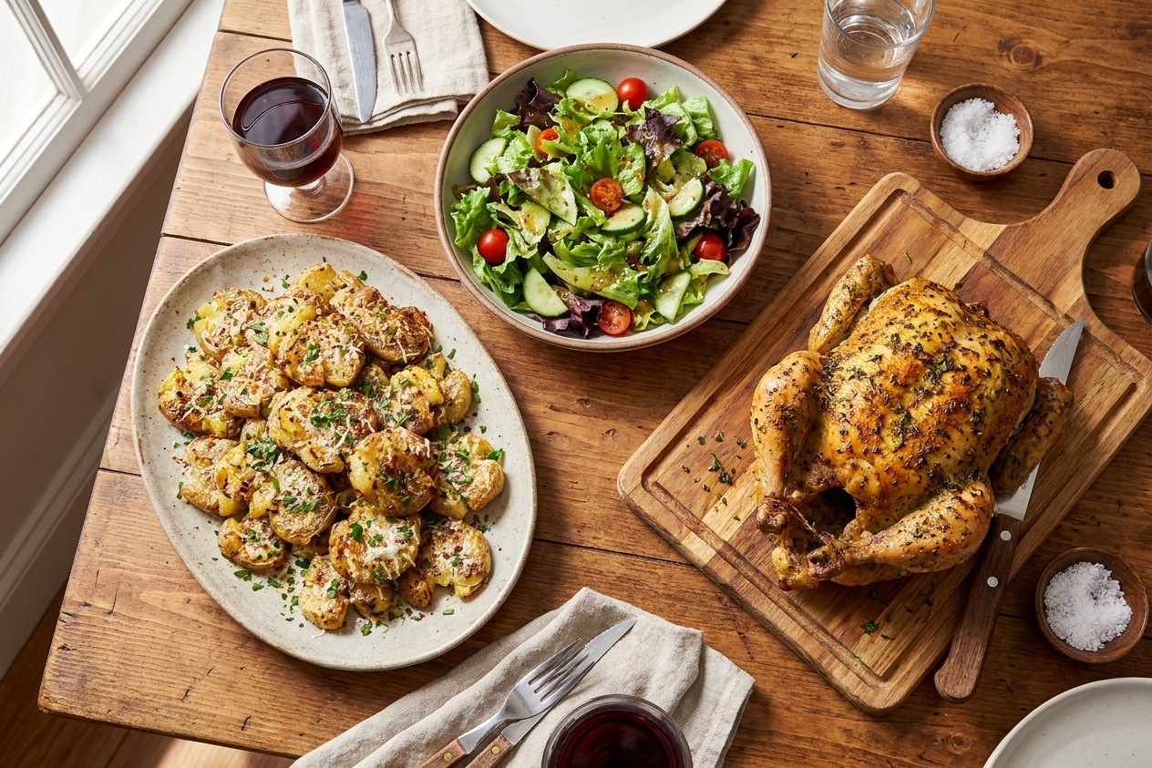 A dinner table setting with a platter of Parmesan smashed potatoes alongside a simple green salad and roast chicken