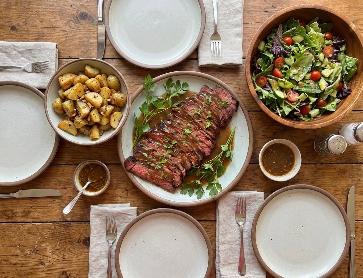A dinner table with a platter of sliced London broil, roasted potatoes, and a green salad set with plates and utensils