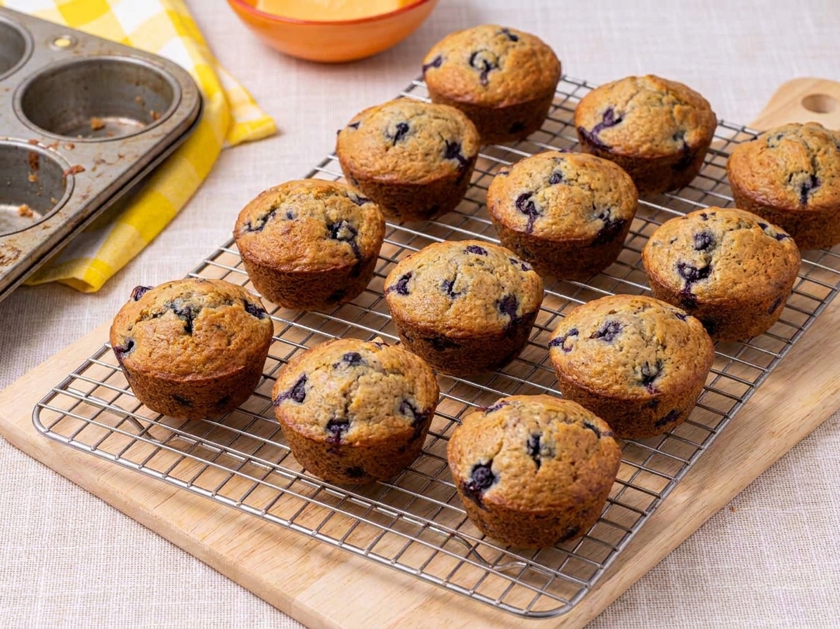 A dozen blueberry muffins cooling on a wire rack on a kitchen counter, with a baking tin set off to the side