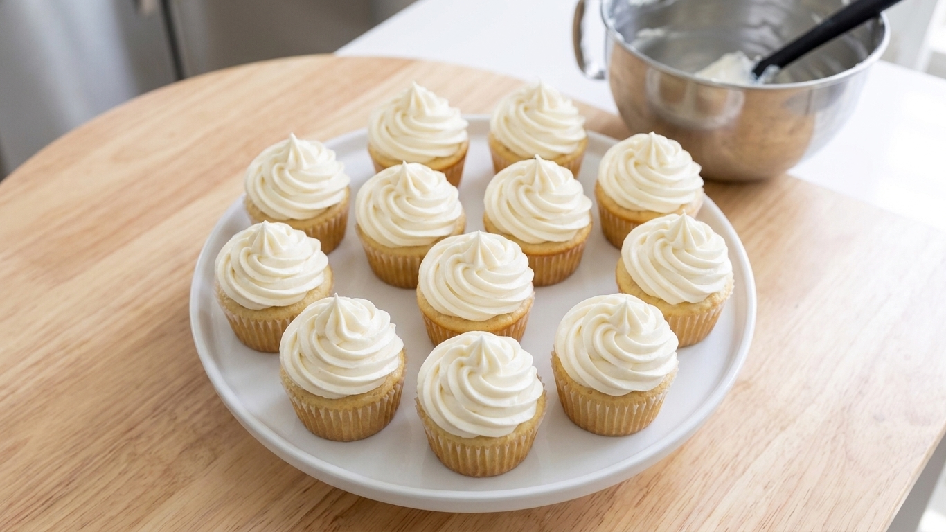 A dozen cupcakes topped with tall, smooth buttercream swirls arranged on a simple white serving platter on a wooden table