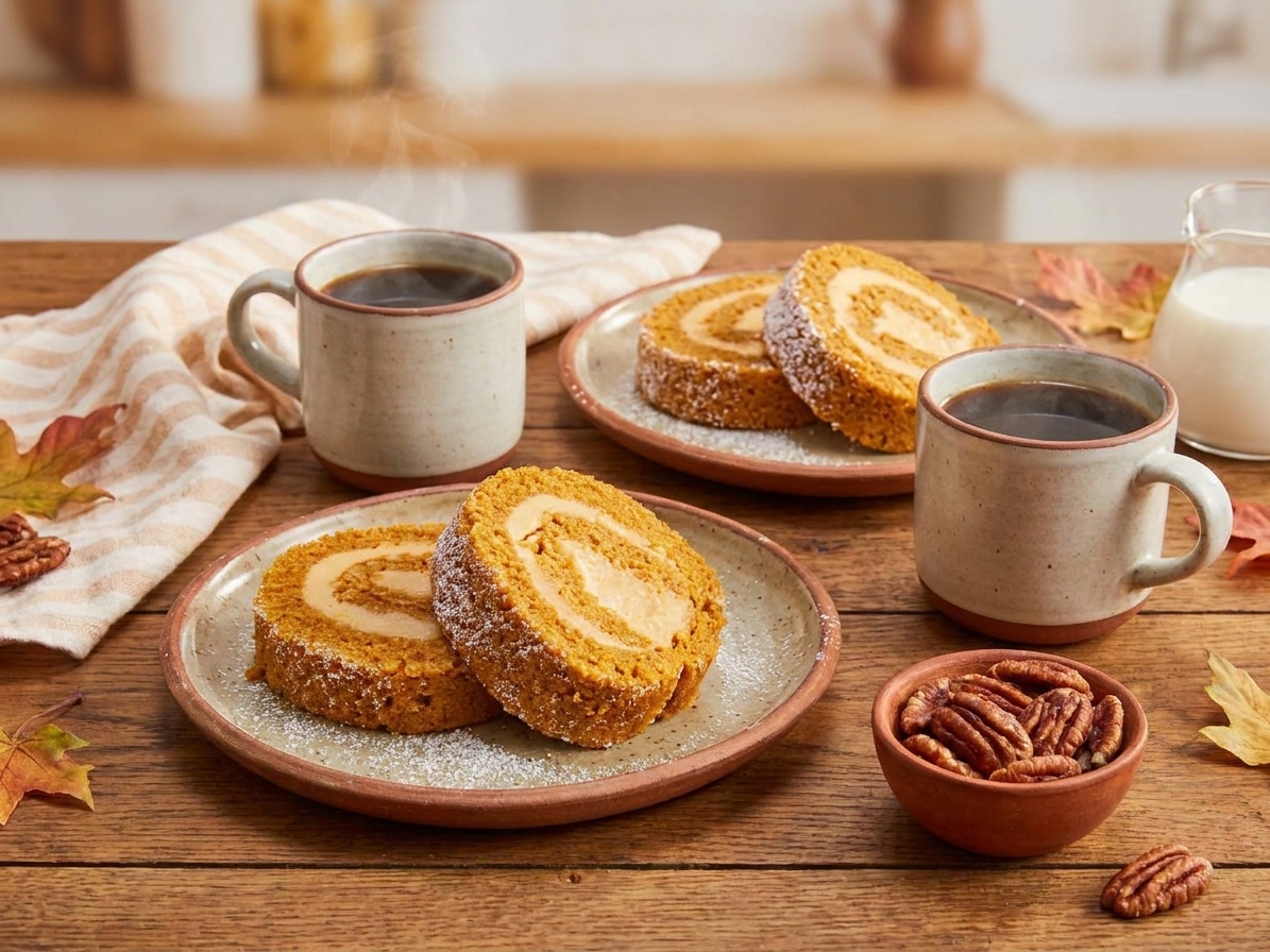 A fall table setting with plates of pumpkin roll slices, coffee mugs, and a small bowl of toasted pecans