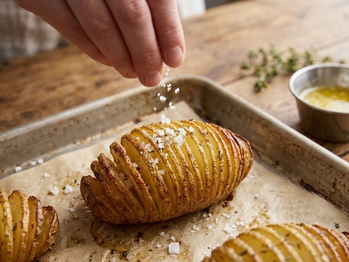 A finished hasselback potato being sprinkled with flaky salt, the slices fanned open and edges browned