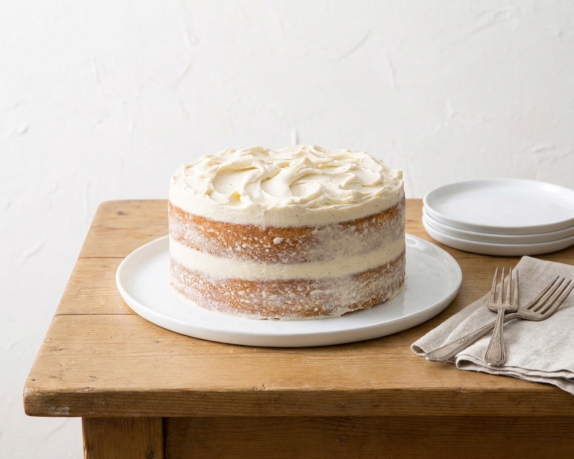 A finished vanilla layer cake on a simple dining table setting with plates and forks nearby, ready to serve