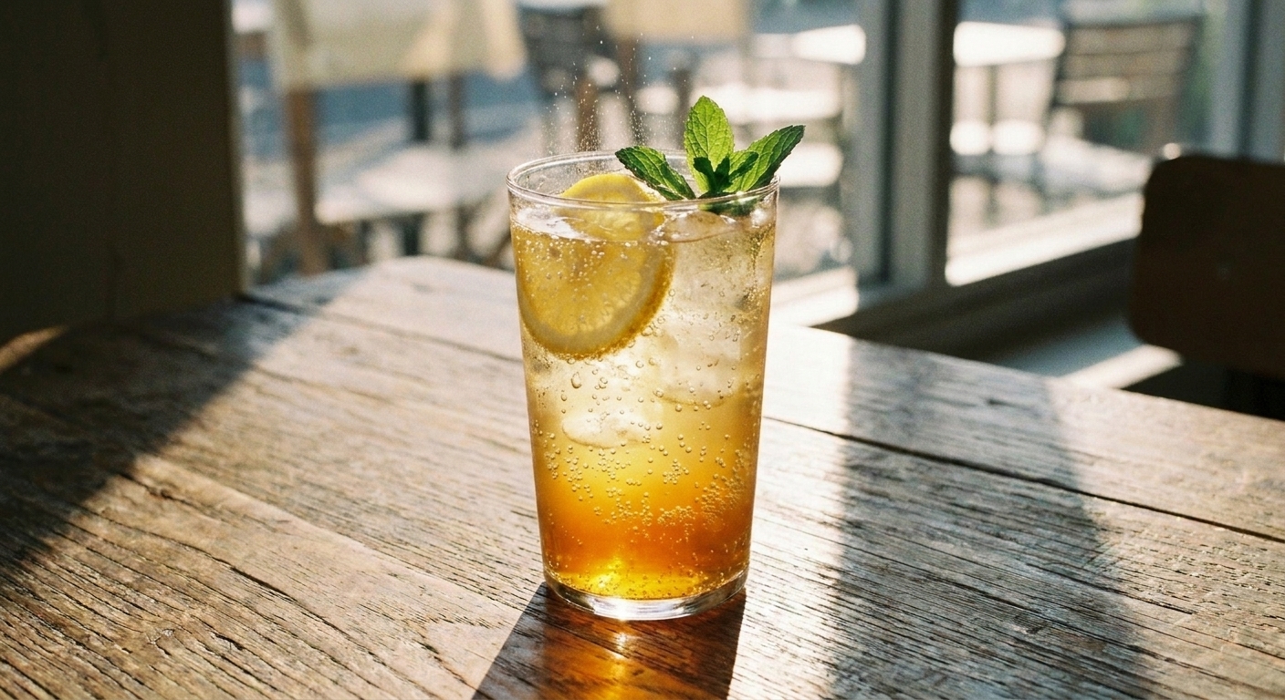 A fizzy citrus drink in a tall glass filled with ice as bubbles rise to the surface
