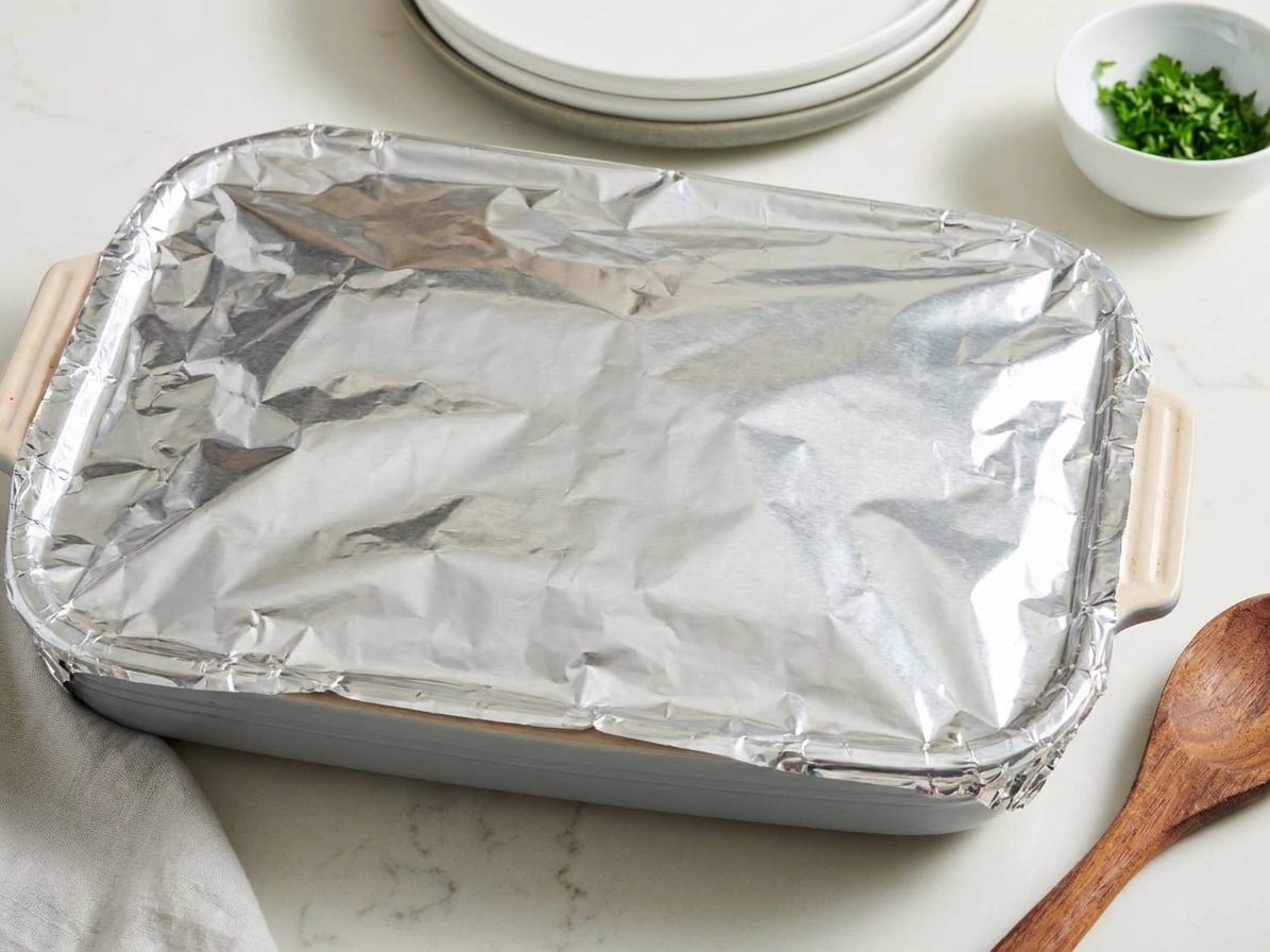 A foil-covered baking dish of assembled ziti on a kitchen counter ready to refrigerate